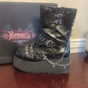 Demonia Black Combat Boots with Platform and Buckles